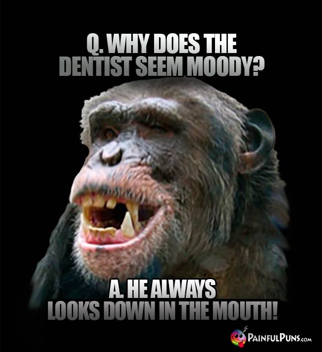 Q. Why does the dentist seem moody? A. He always looks down in the mouth!