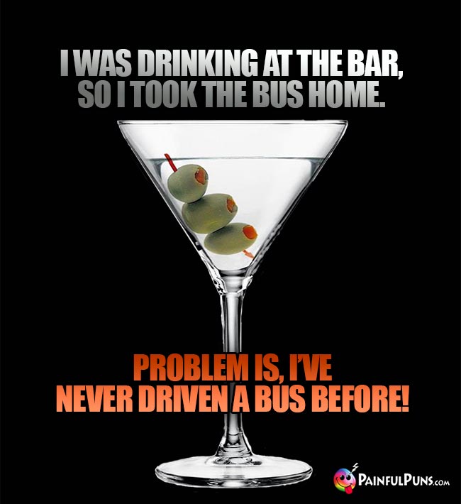 Martini says: I was drinking at the bar, so I thook the bus home. Problem is, I've never driven a bus before!