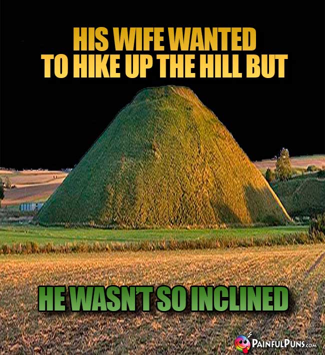 His wife wanted to hike up the hill but he wasn't so inclined.