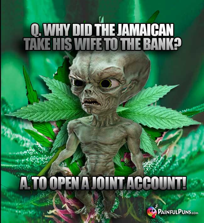 Q. Why did the Jamaican take his wife to the bank? A. To open a joint account!